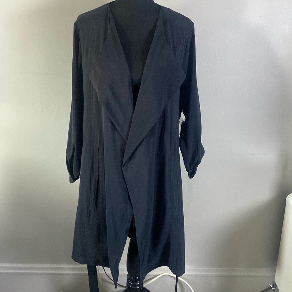 Apt 9 Black Draped Front Trench Coat Jacket Lightweight Tie Belt Sz XL NWT